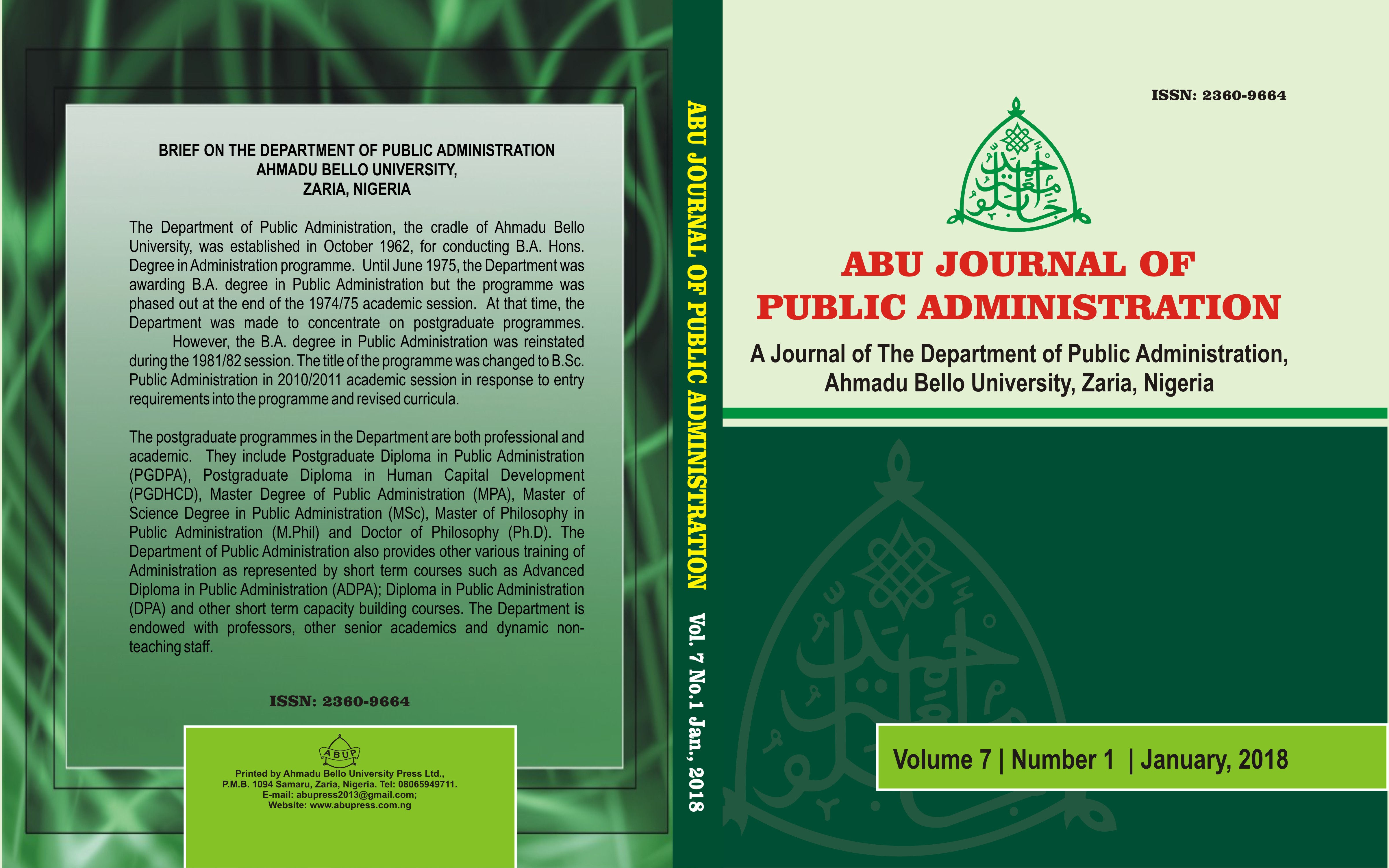 Cover of ABU Journal of Public Administration, Volume 7, Number 1, January 2018, showcasing the logo of Ahmadu Bello University and highlighting the Department of Public Administration.