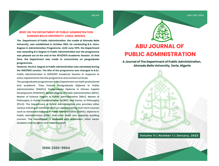 Cover of ABU Journal of Public Administration, Volume 7, Number 1, January 2018, showcasing the logo of Ahmadu Bello University and highlighting the Department of Public Administration.